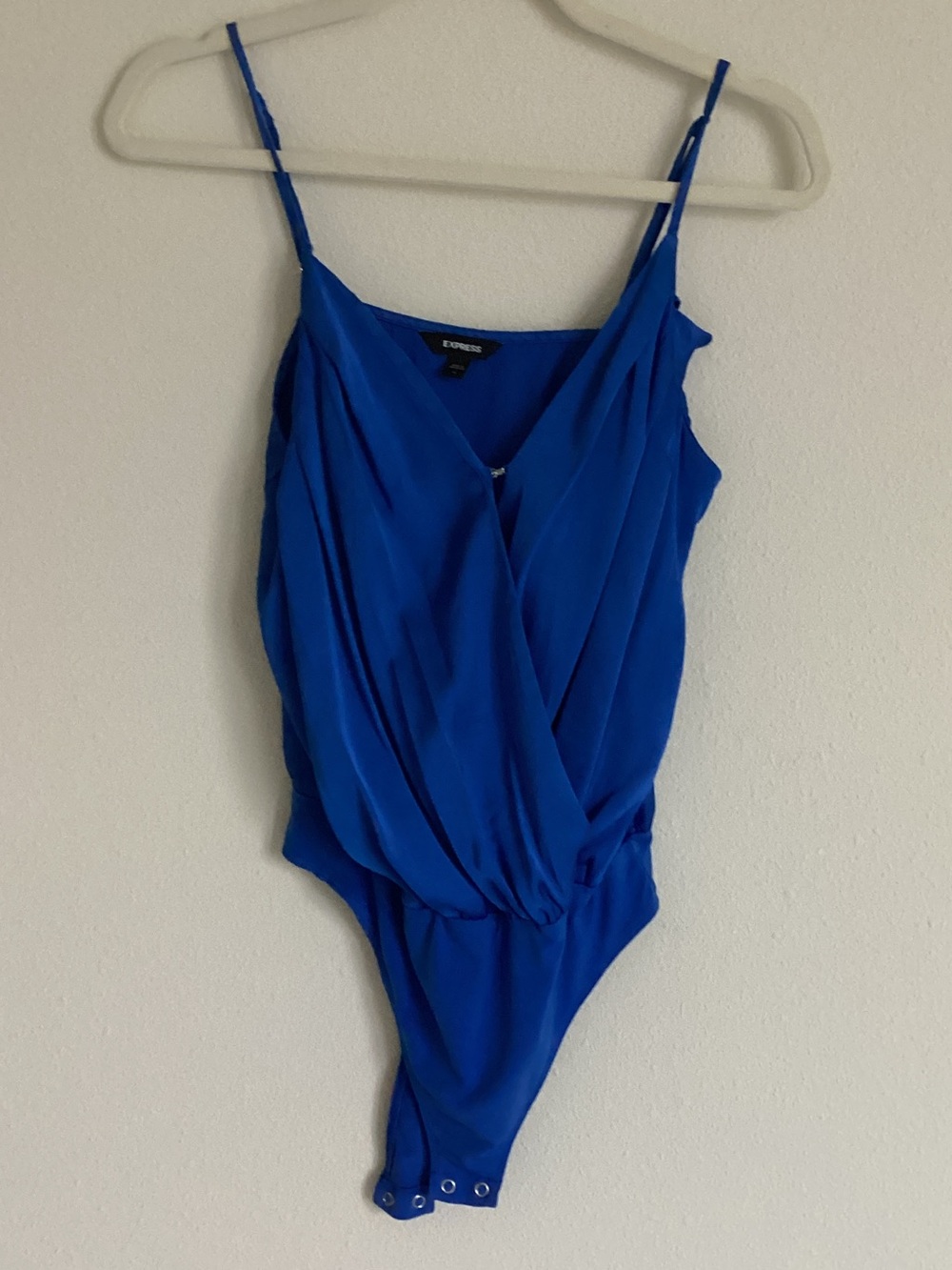 Express Cobalt Blue Draped Spaghetti-Strap Bodysuit